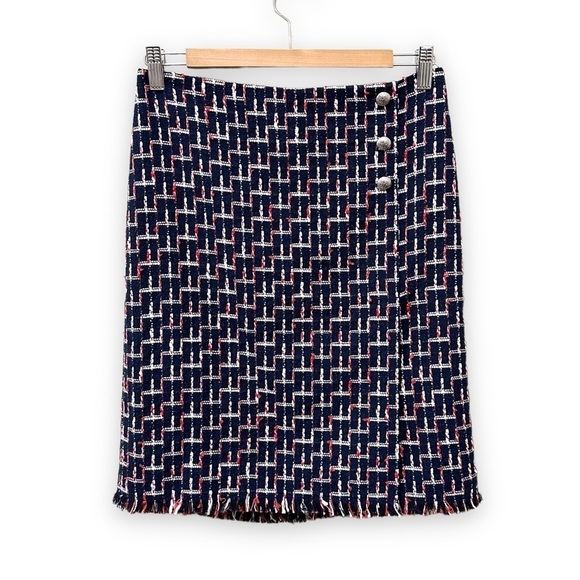 Talbots‎ Tweed Skirt Red White Navy Faux Wrap Pencil Fringe Hem Size 4P - Picture 1 of 7